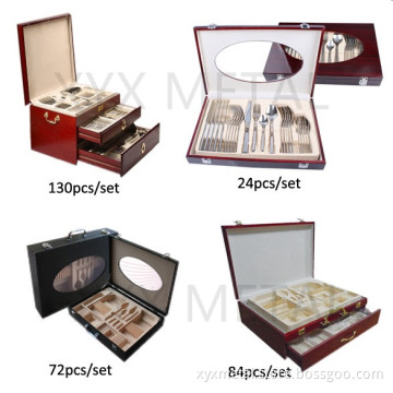 72, 84, 130 PCS Traveling Portable Wooden Box Stainless Steel Cutlery Set